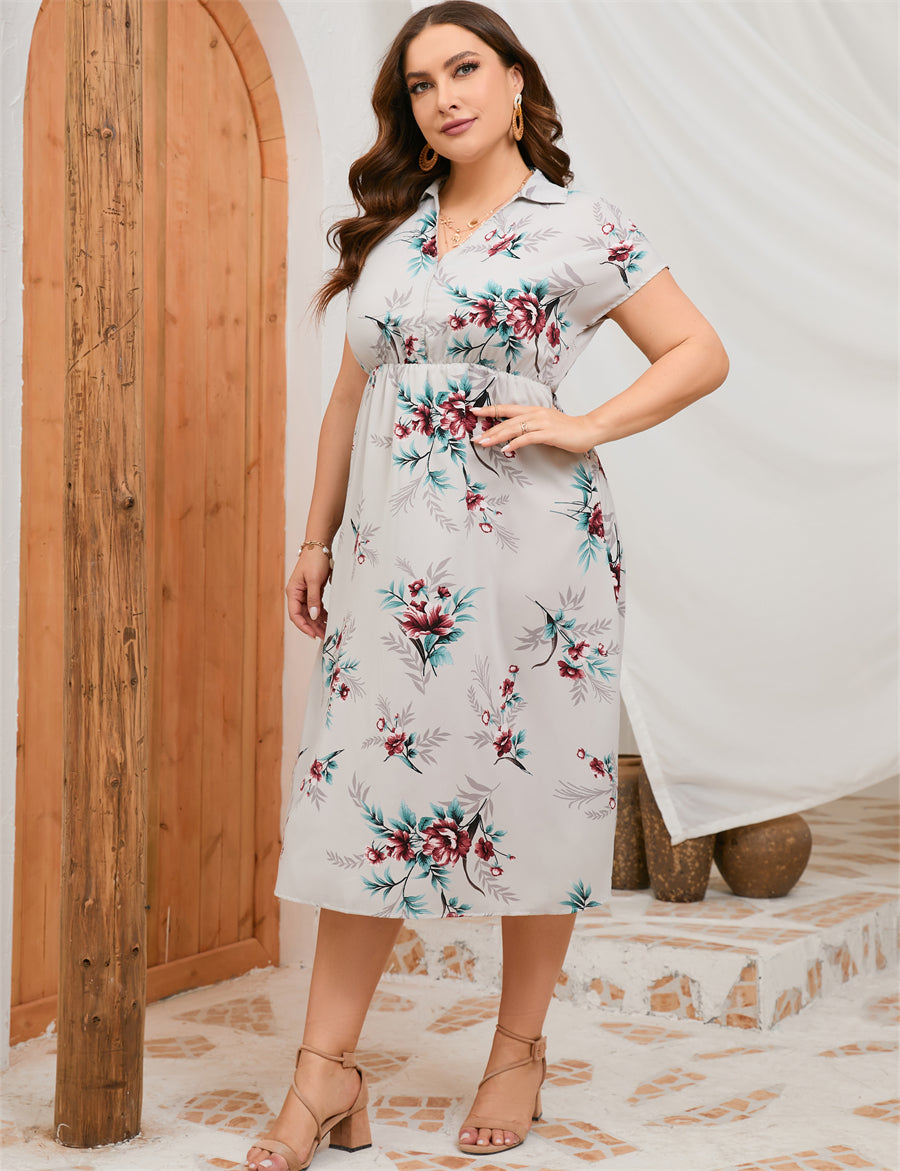 Plus Size Summer Dress Collar Short Sleeve Side Split Mid length Shirt Dress