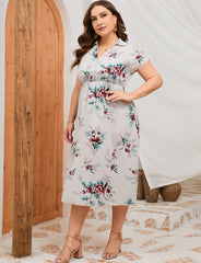 Plus Size Summer Dress Collar Short Sleeve Side Split Mid length Shirt Dress