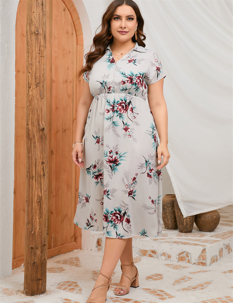 Plus Size Summer Dress Collar Short Sleeve Side Split Mid length Shirt Dress