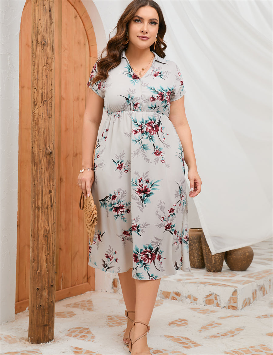 Plus Size Summer Dress Collar Short Sleeve Side Split Mid length Shirt Dress