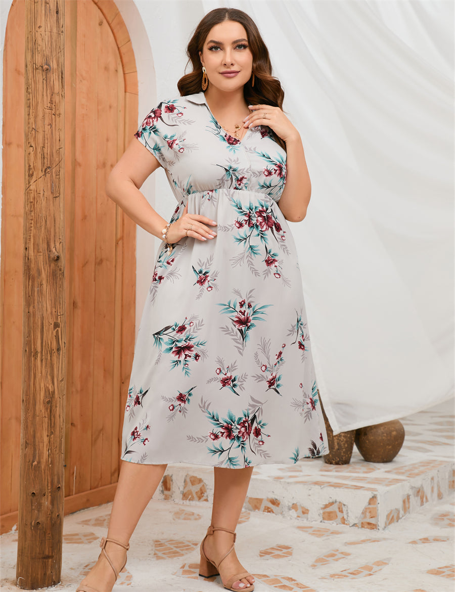 Plus Size Summer Dress Collar Short Sleeve Side Split Mid length Shirt Dress