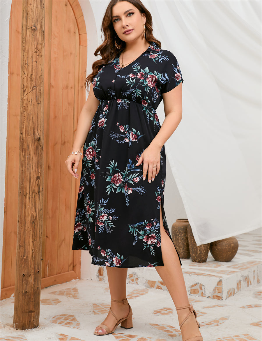 Plus Size Summer Dress Collar Short Sleeve Side Split Mid length Shirt Dress