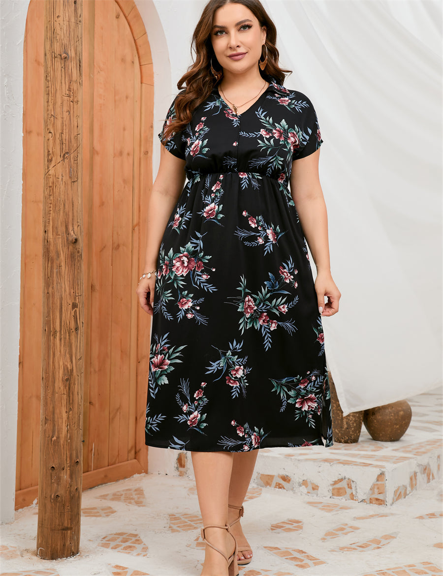 Plus Size Summer Dress Collar Short Sleeve Side Split Mid length Shirt Dress