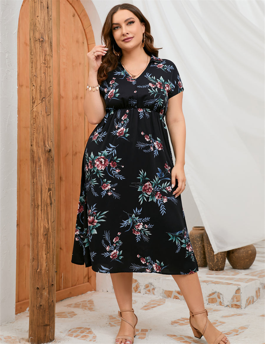 Plus Size Summer Dress Collar Short Sleeve Side Split Mid length Shirt Dress