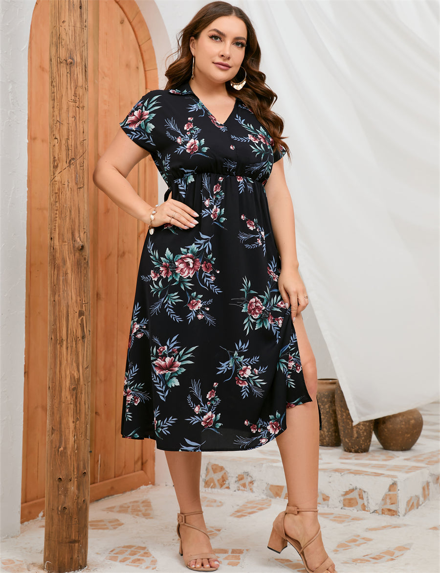 Plus Size Summer Dress Collar Short Sleeve Side Split Mid length Shirt Dress