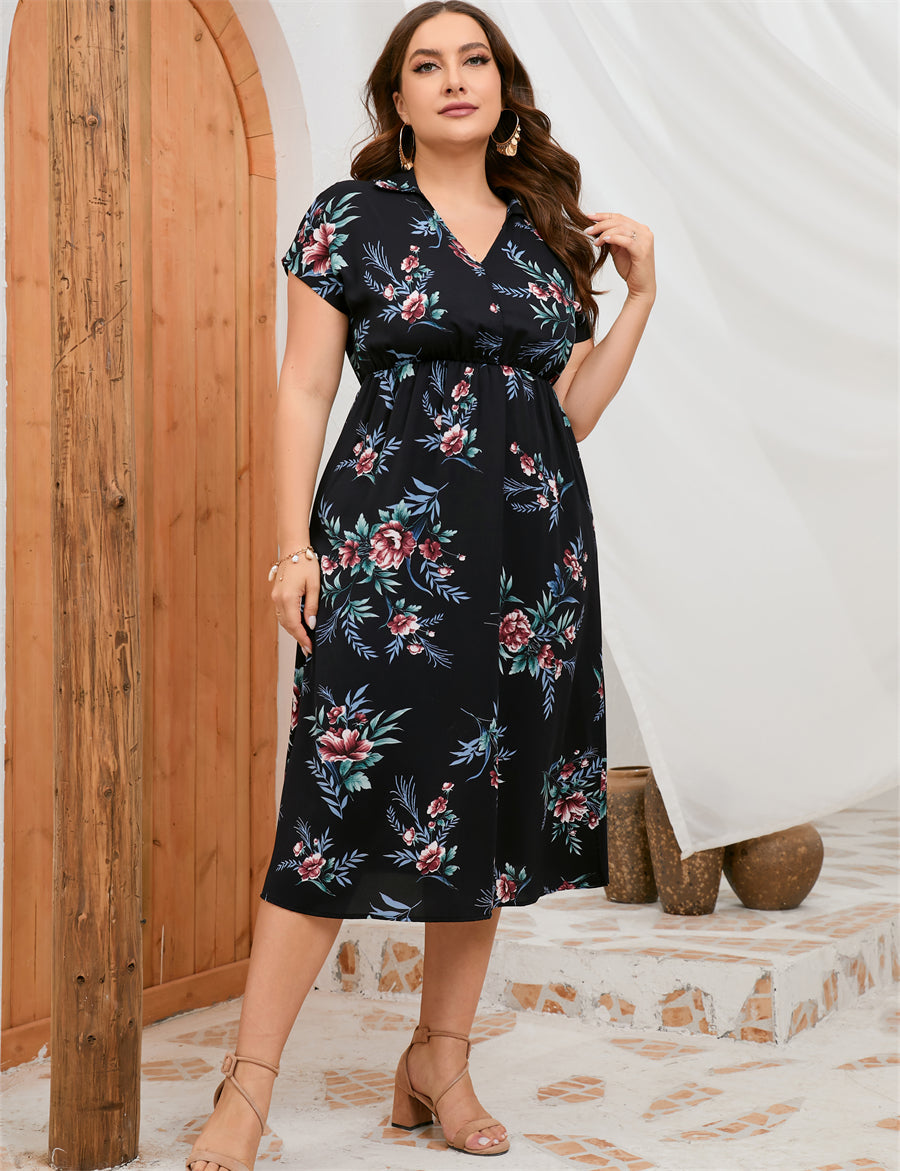 Plus Size Summer Dress Collar Short Sleeve Side Split Mid length Shirt Dress