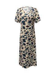 Loose Short Sleeves Printed Split-Side V-Neck Maxi Dresses