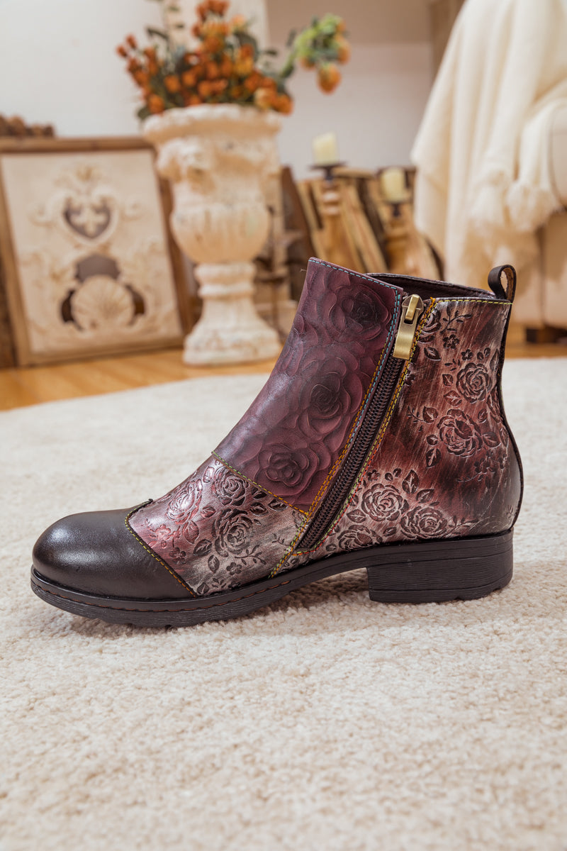 SOFFIA | ROSE GARDEN EMBOSSED LEATHER STRAP BOOT - BROWN