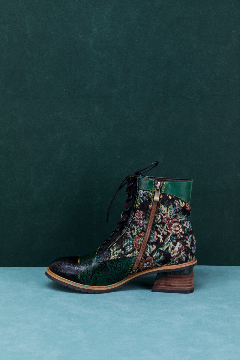 SOFFIA | FLORAL APPLIQUED LACE UP LEATHER ANKLE BOOT