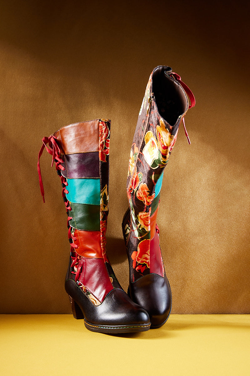 Soffia | Delora Floral Contrast Stripe Wide Calf Leather Knee High Boots