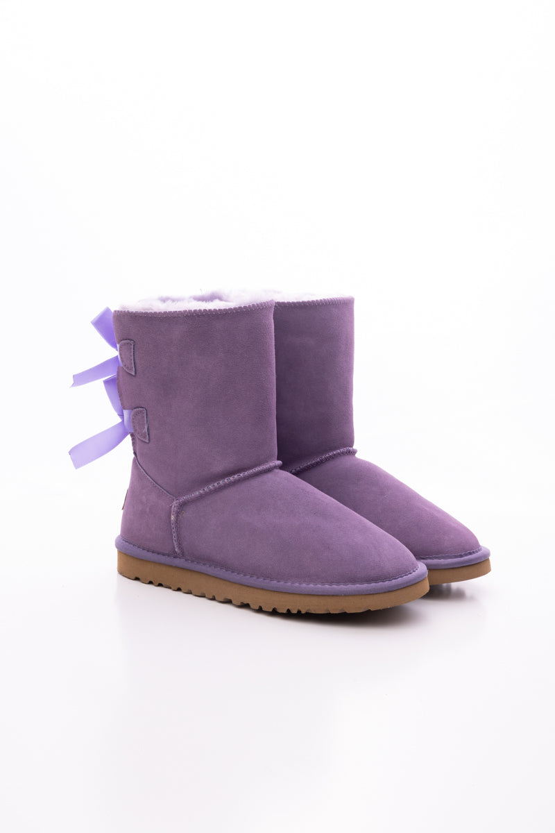 Smaibulun Ugg | Double Ballet Ribbon Bow Suede Shearling Boots - Lavender