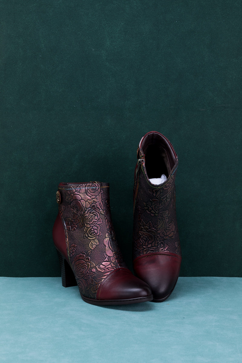 SOFFIA | FLORAL EMBOSSED METALLIC LEATHER ANKLE BOOT - CLARET