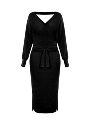 Lorene Tie Waist Midi Sweater Dress - Black