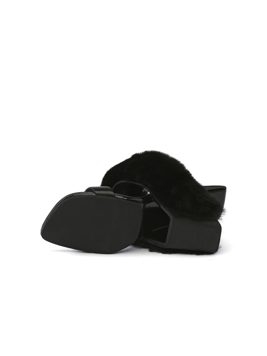 JadyRose | Faux Fur Strap Leather Wedge Sandal - Black