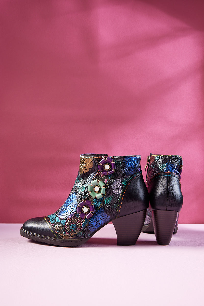 Soffia | Odette Rose Floral Embossed Leather Ankle Boots