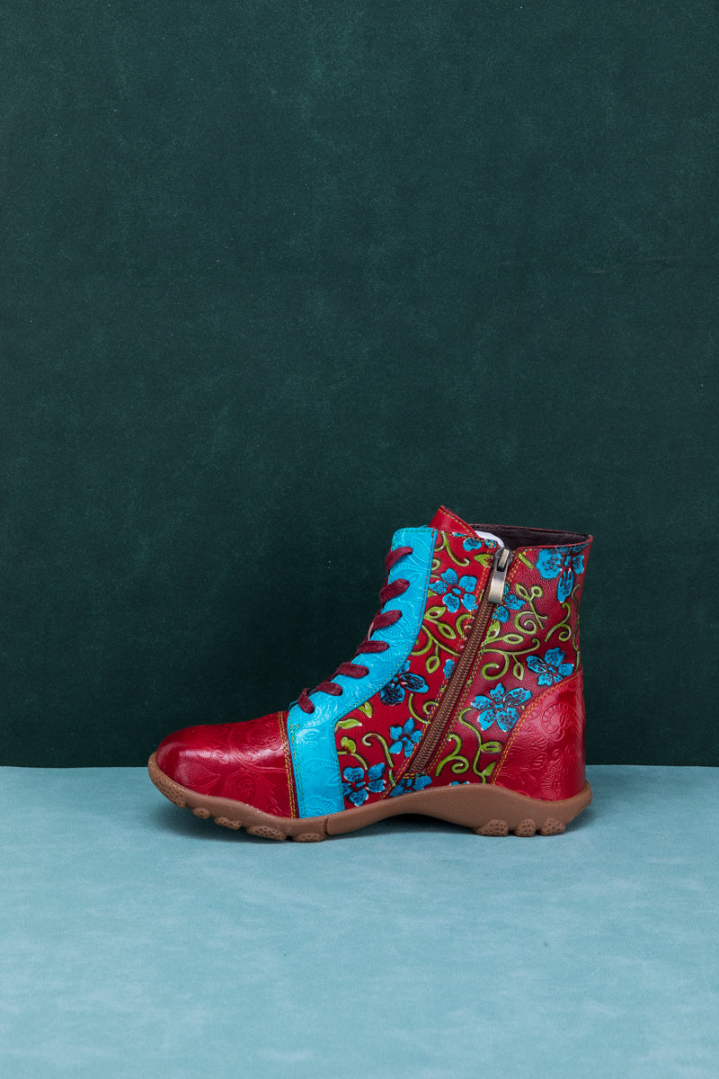 SOFFIA | SWIRL FLORAL EMBOSSED LACE UP LEATHER COMBAT BOOT