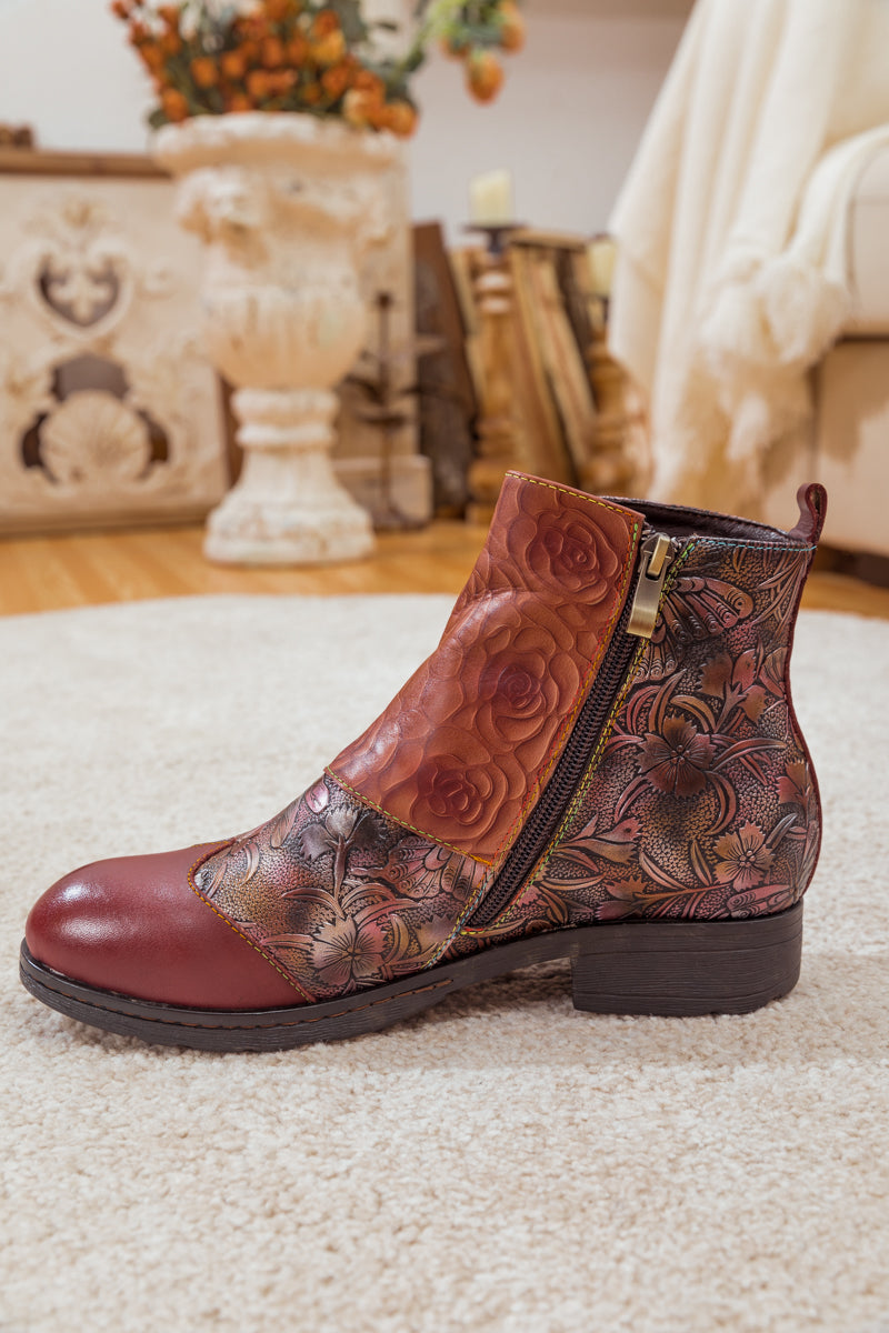 SOFFIA | ROSE GARDEN EMBOSSED LEATHER STRAP BOOT - CLARET