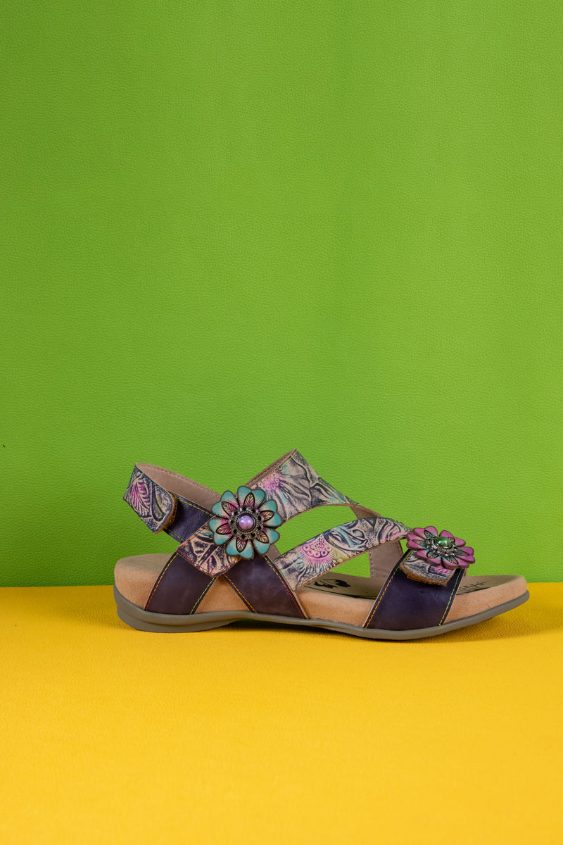 Soffia | Celine Floral Abstract Leather Footbed Sandal