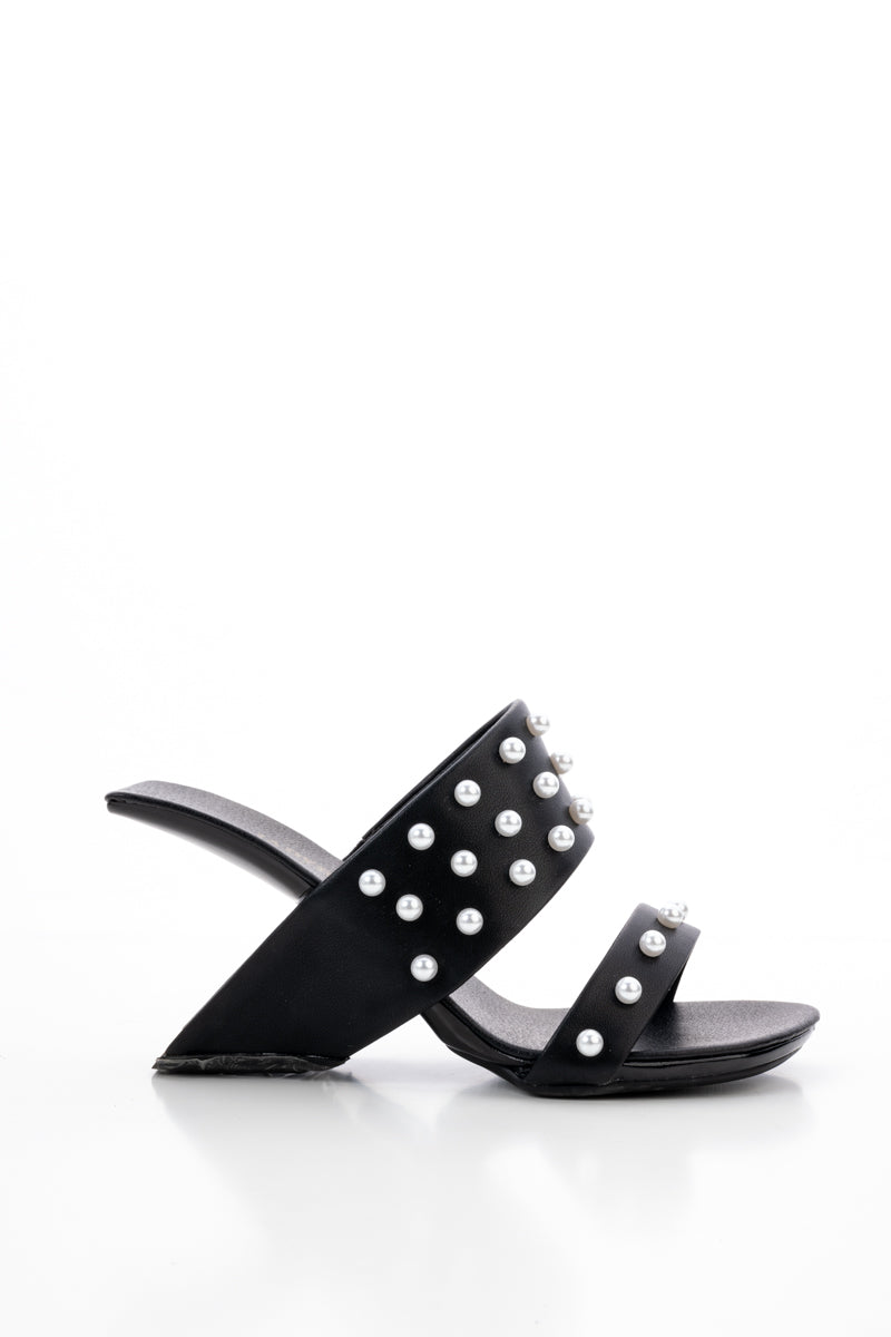 JADY ROSE | VIVIANE PEARL INLAY LEATHER HEELED SANDAL - BLACK