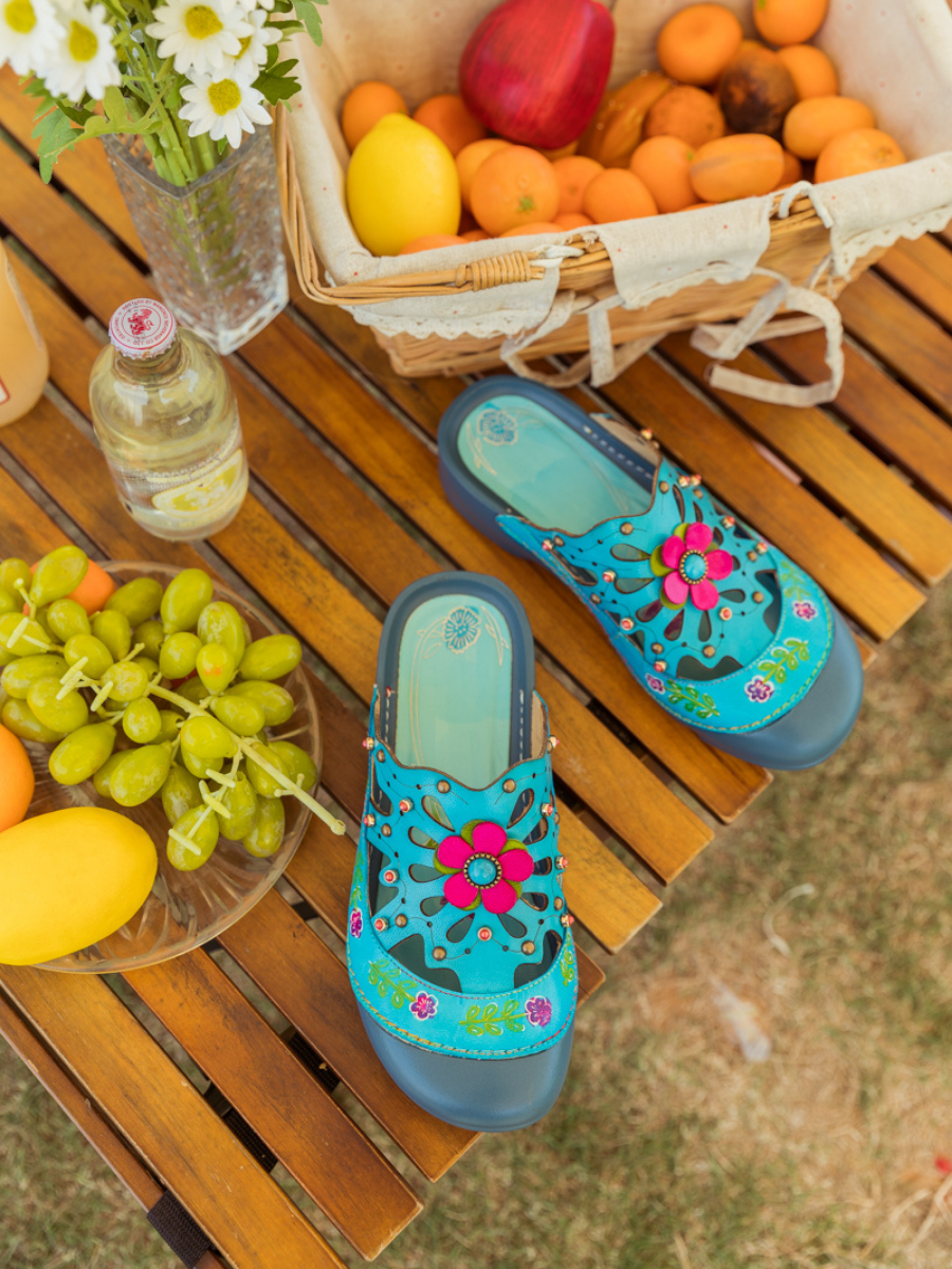 SOFFIA | Turquoise Floral-Applique Cutout Leather Sandal