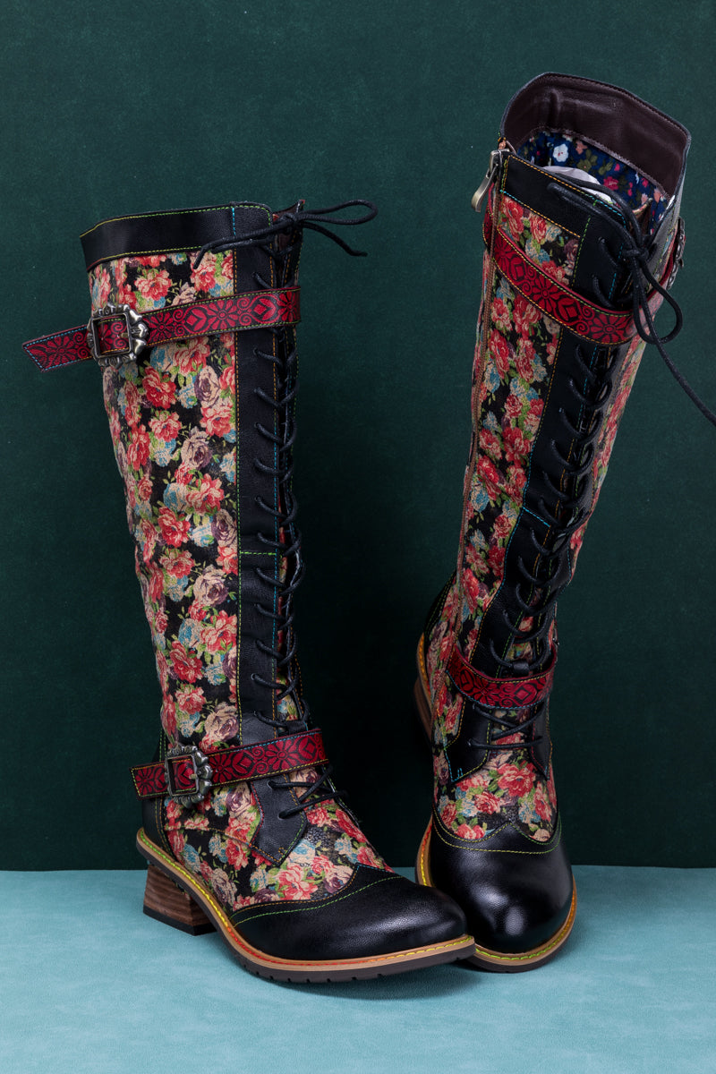 SOFFIA | BLOOMING FLORAL TIE-ACCENT LEATHER KNEE HIGH BOOT