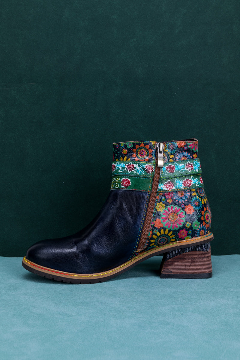 SOFFIA | ABSTRACT FLORAL STRAP LEATHER ANKLE BOOT