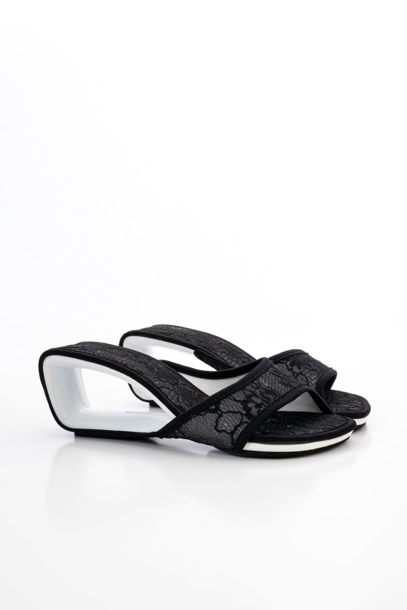 JADY ROSE | DELICATE BALANCE LACE MESH LEATHER SLIDE - BLACK