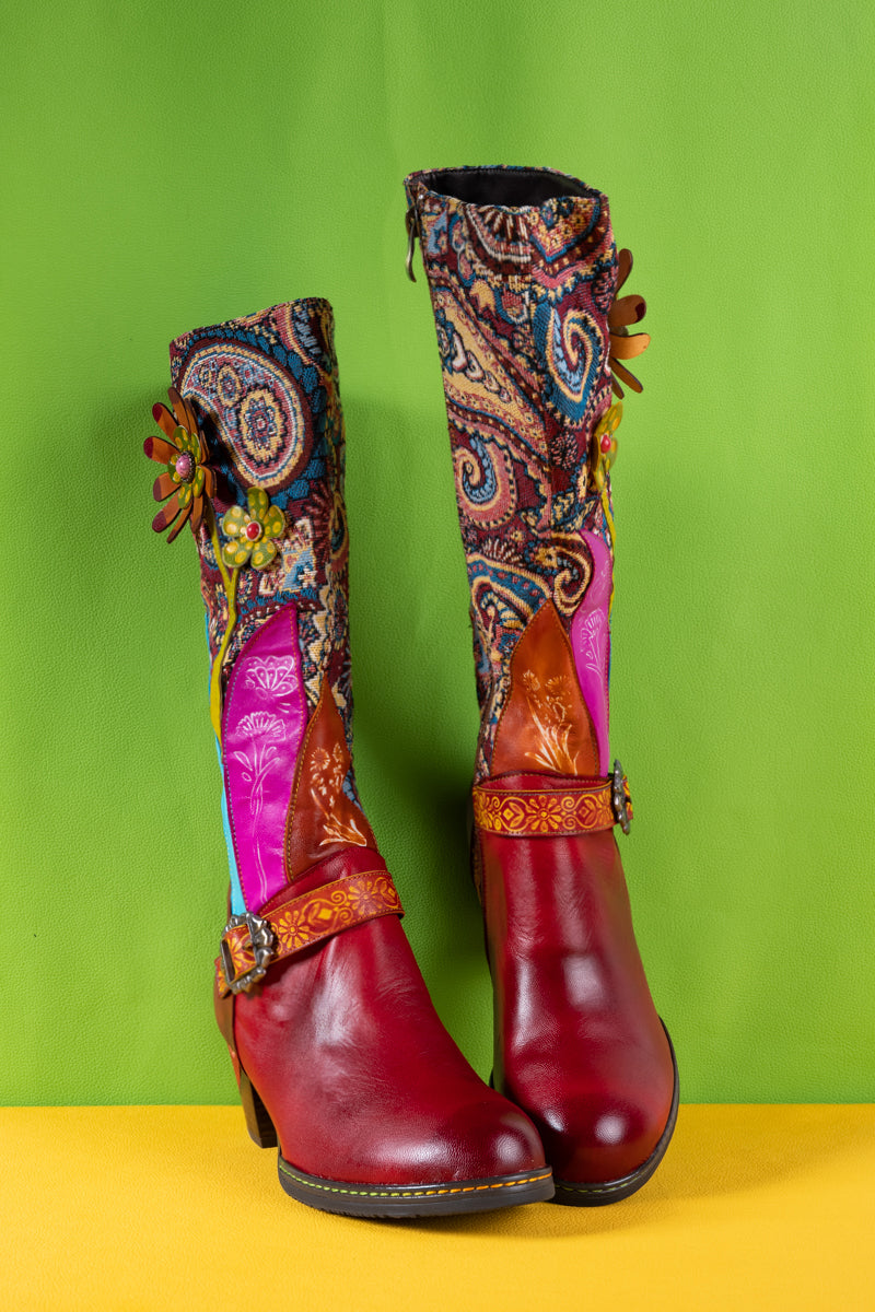 Soffia | Brycen Abstract Swirl Print Floral Applique Leather Boots