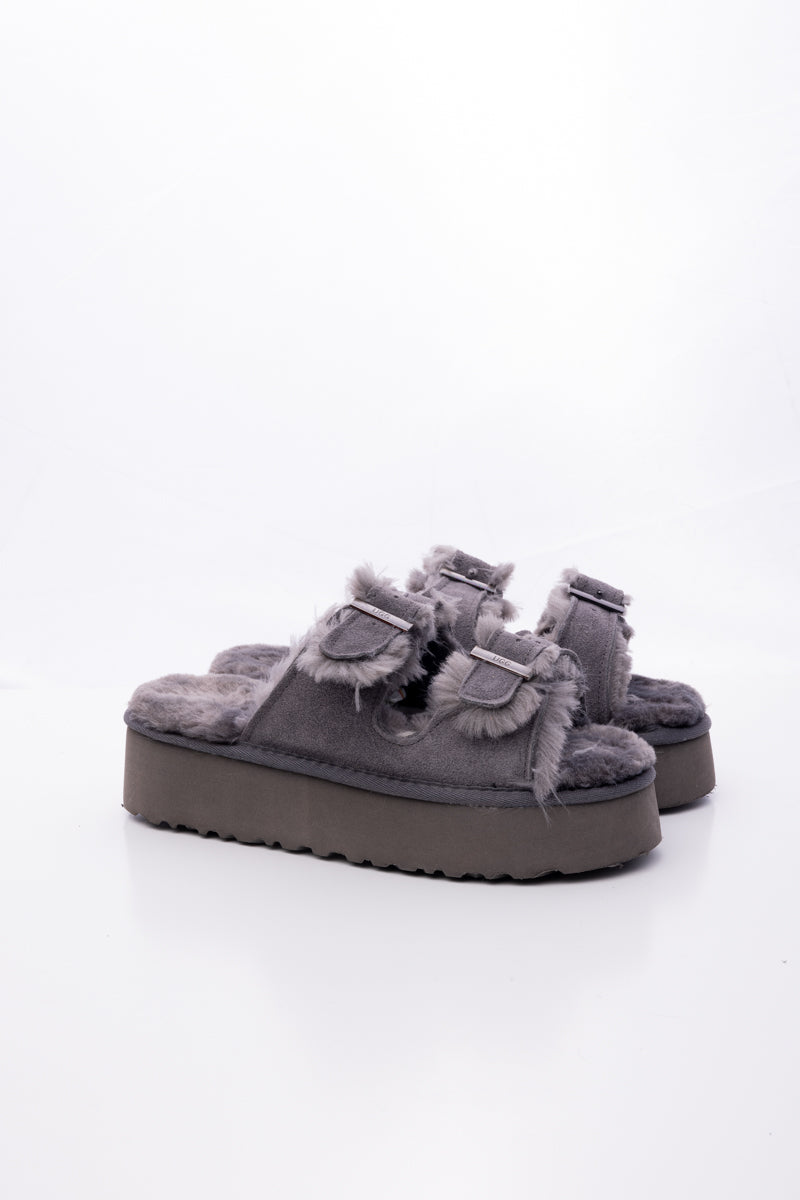 Smaibulun Ugg | Woolen Suede Double Strap Platform Sandal - Grey