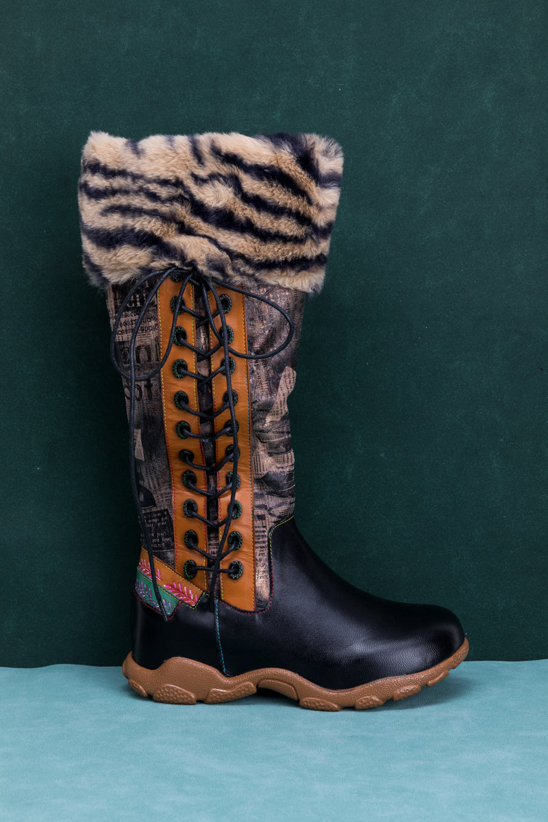 SOFFIA | TIGER PATTERN FUR CIRCUM LEATHER TIE-ACCENT BOOT