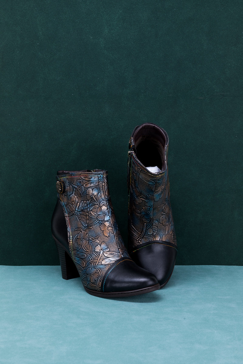 SOFFIA | FLORAL EMBOSSED METALLIC LEATHER ANKLE BOOT - BLACK