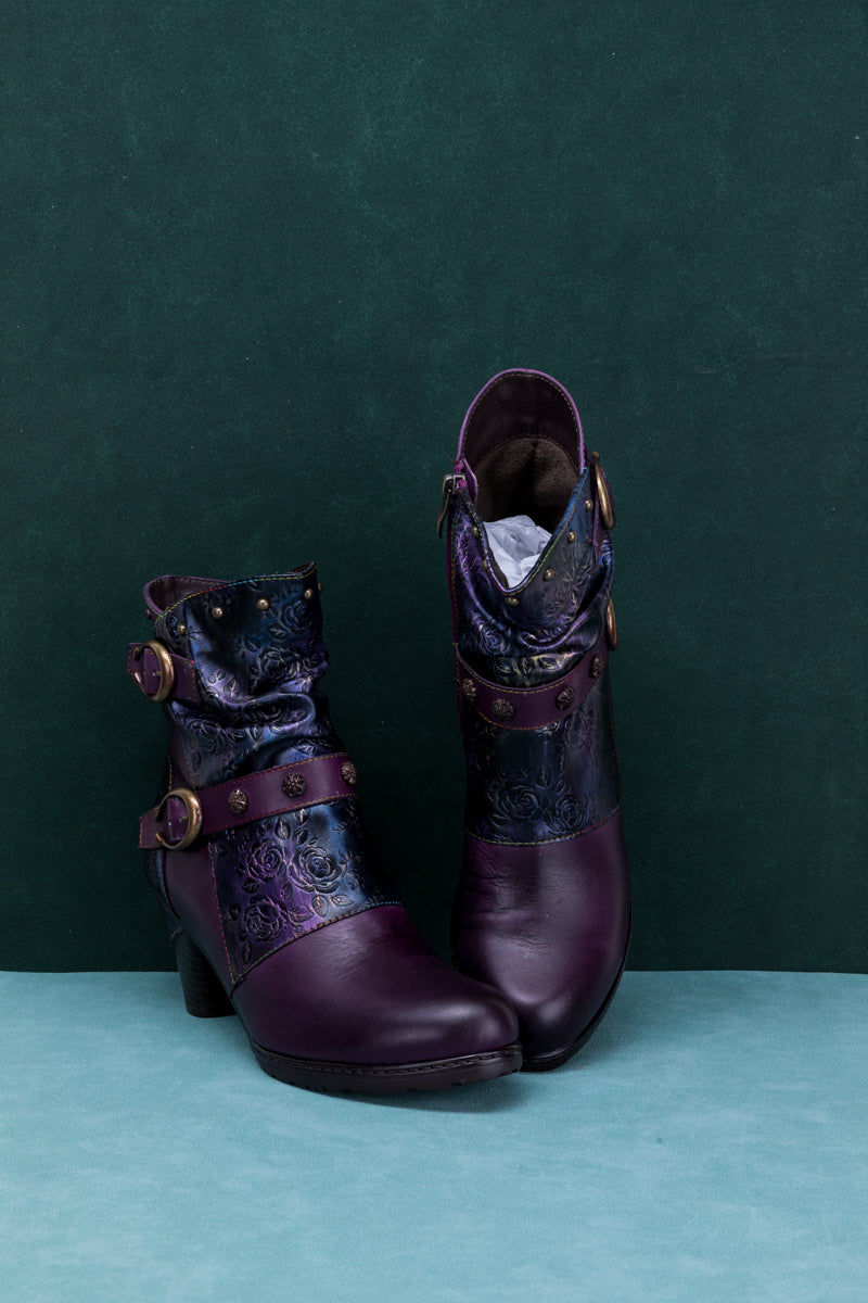 SOFFIA | FLORAL EMBOSSED BUCKLE UP LEATHER BOOTIE - PURPLE