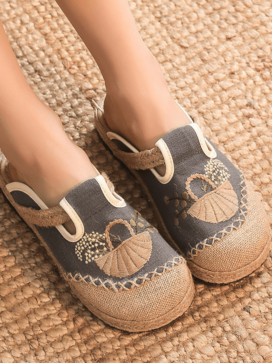 CACTUS ROSE | SUMMER PICNIC EMBROIDERED LINEN MULE - GREY