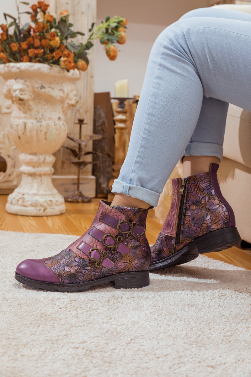 SOFFIA | ROSE GARDEN EMBOSSED LEATHER STRAP BOOT - PURPLE