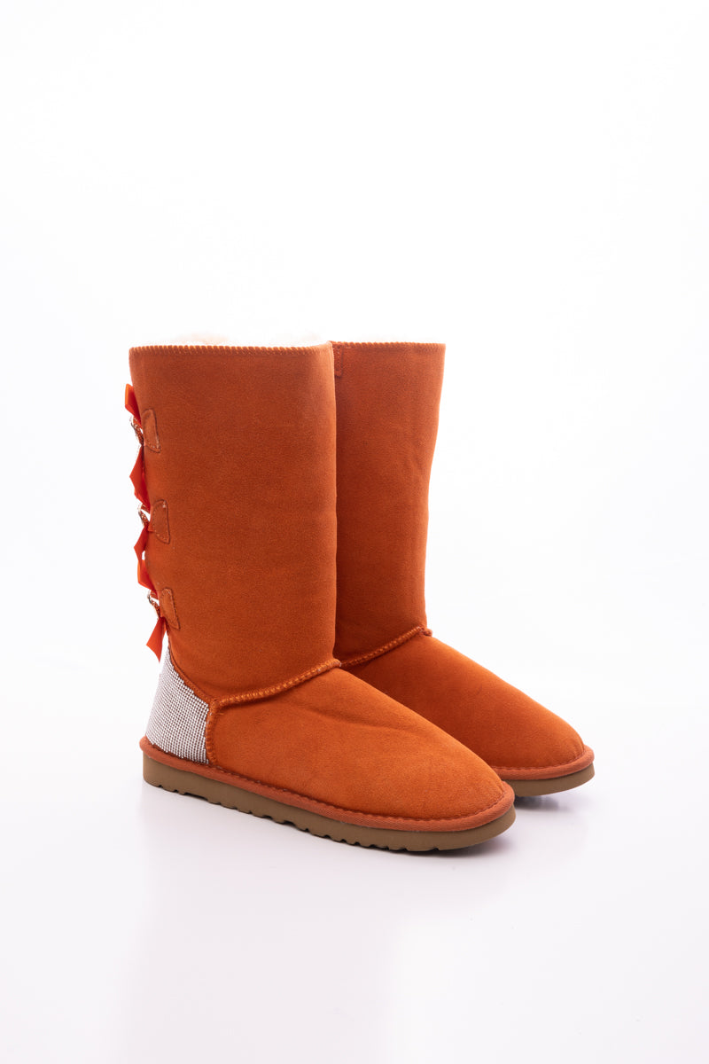 SMAIBULUN Ugg | Rhinestone Ribbon Tri-Tie Bow Suede Boots - Orange