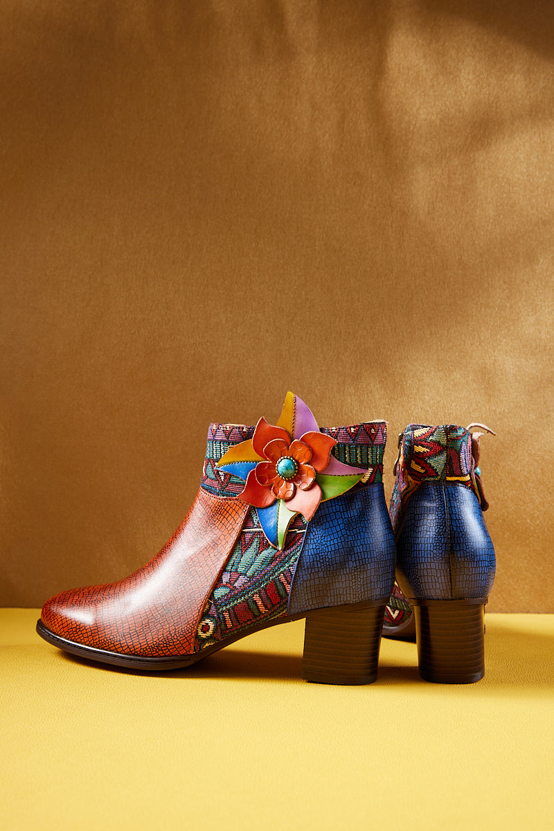 Soffia | Evanie Floral Applique Leather Ankle Boots