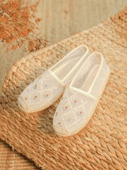 CACTUS ROSE | TWIN FLOWER EMBROIDERED LINEN ESPADRILLES - WHITE