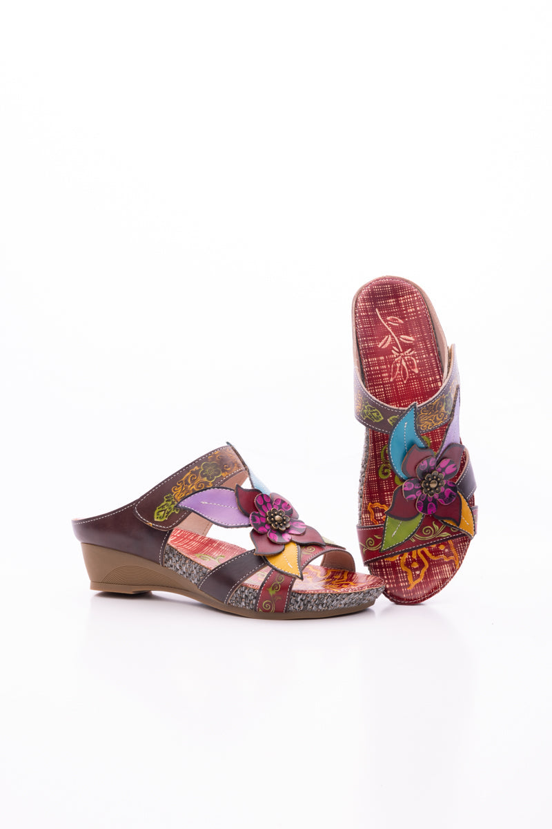 SOFFIA | FLOR DE PARAISO LEATHER WEDGE SANDAL - BROWN