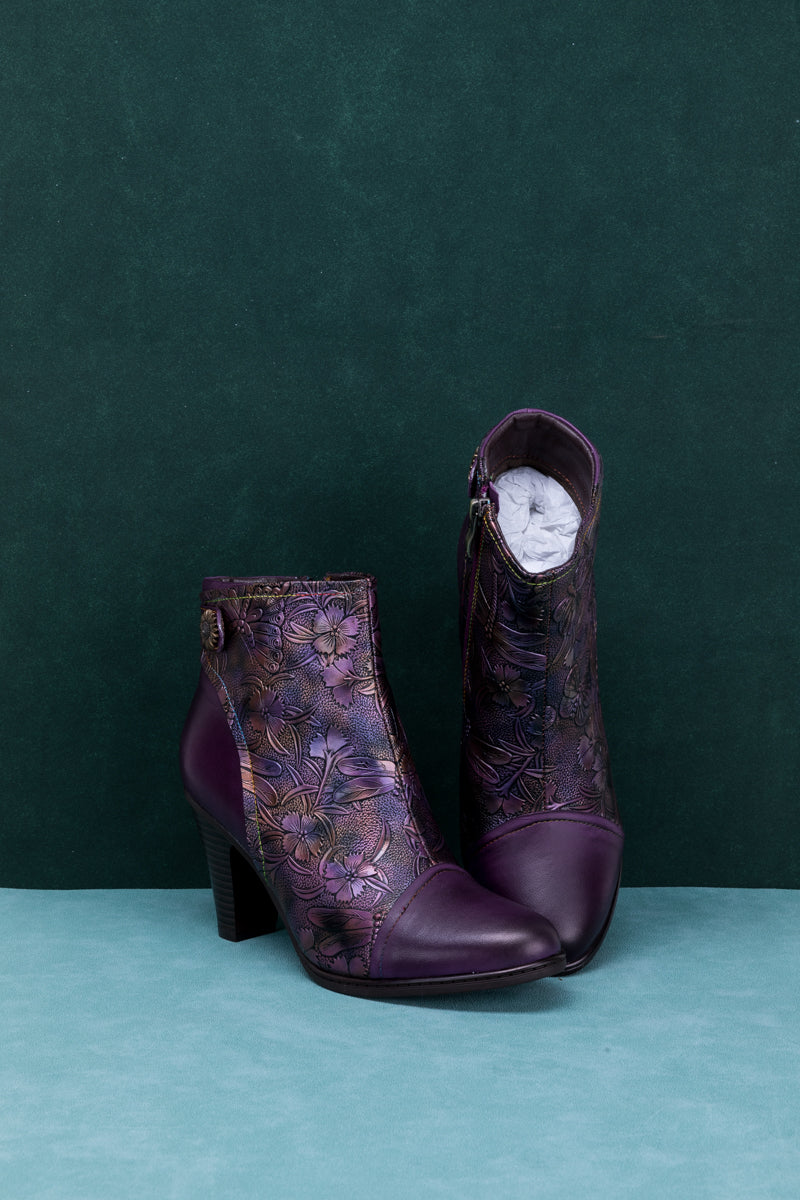 SOFFIA | FLORAL EMBOSSED METALLIC LEATHER ANKLE BOOT - PURPLE