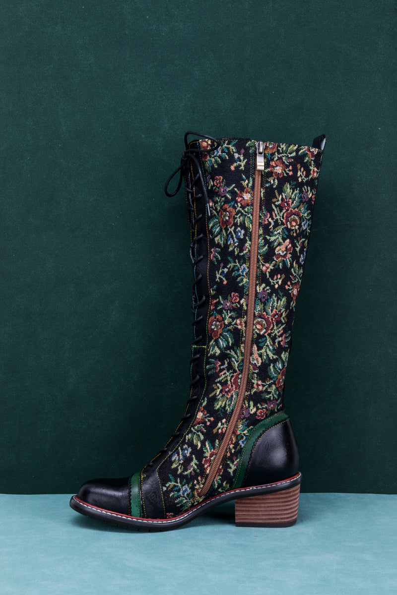 SOFFIA | FLORAL PATCHWORK APPLIQUE LEATHER CANVAS BOOT