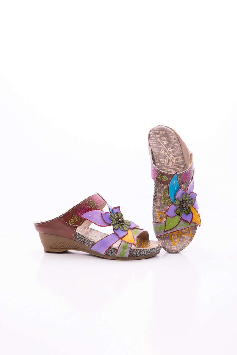 SOFFIA | FLOR DE PARAISO LEATHER WEDGE SANDAL - PURPLE