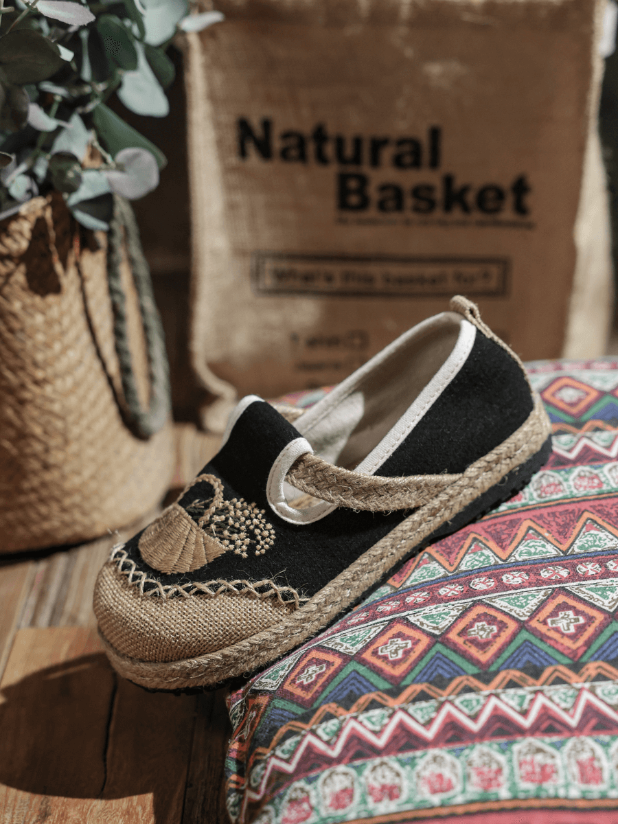 CACTUS ROSE | BASKET EMBROIDERED LINEN ESPADRILLE LOAFER - BLACK