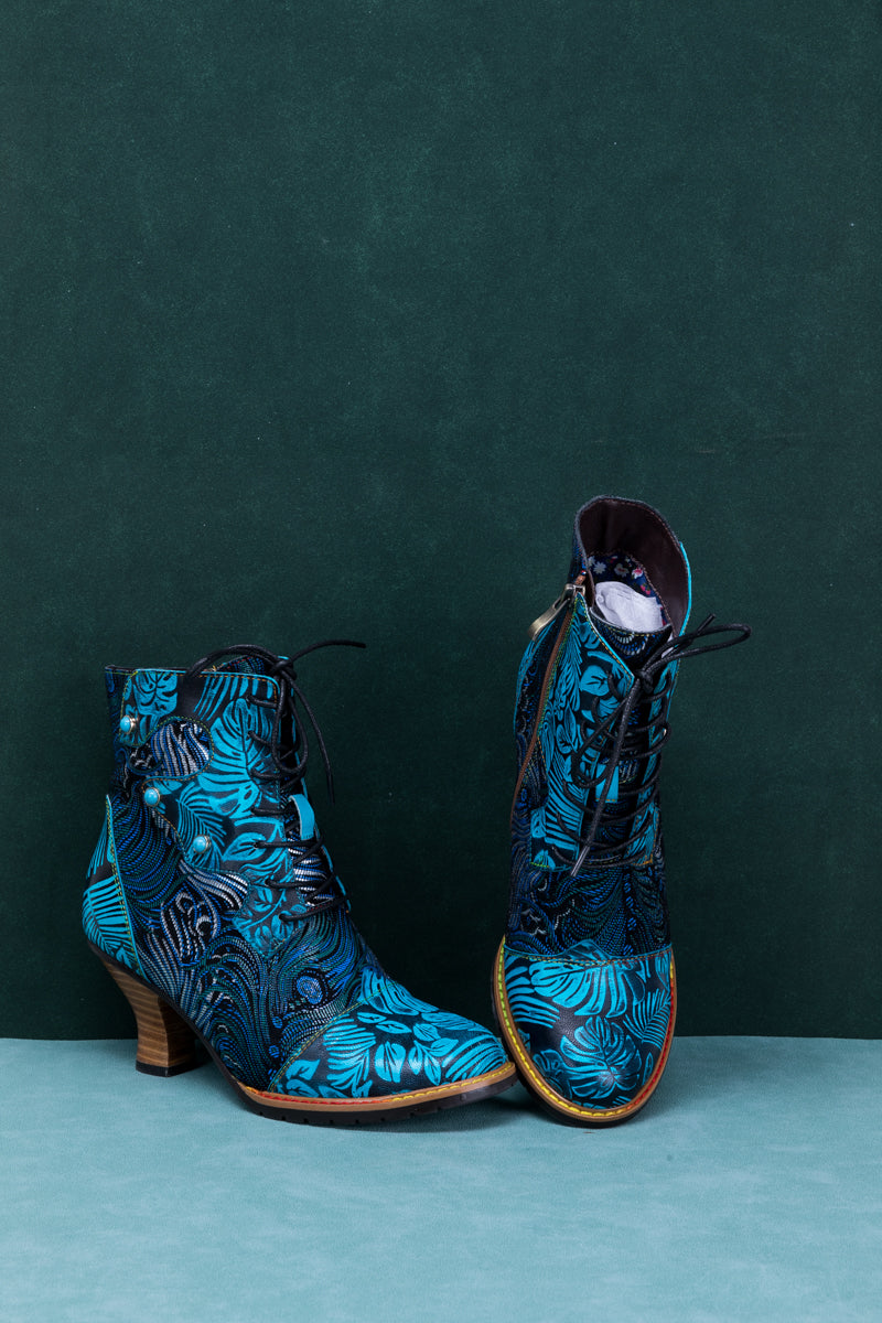 SOFFIA | PALM LEAF PEACOCK FEATHER LEATHER ANKLE BOOT