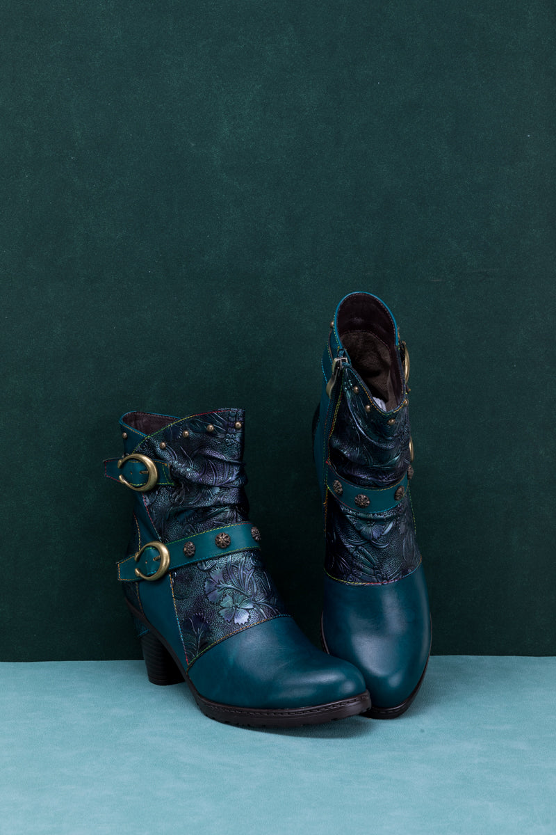 SOFFIA | FLORAL EMBOSSED BUCKLE UP LEATHER BOOTIE - TEAL