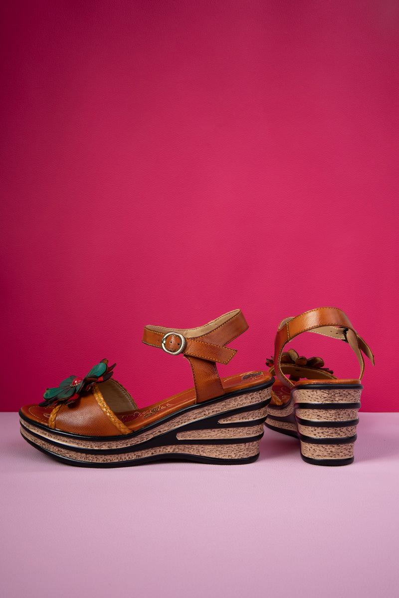 Soffia | Asmara Floral Head Applique Leather Wedge