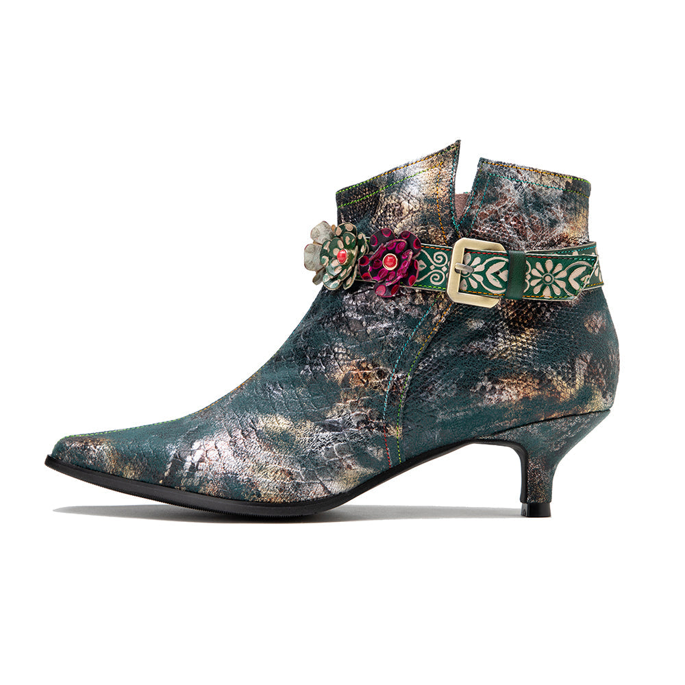 SOFFIA | SNAKE PATTERN EMBOSSED GREEN LEATHER KITTEN HEEL ANKLE BOOT