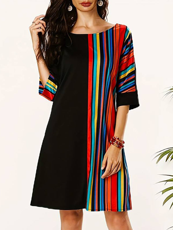 A-Line Half Sleeves Asymmetric Contrast Color Striped Round-Neck Mini Dresses