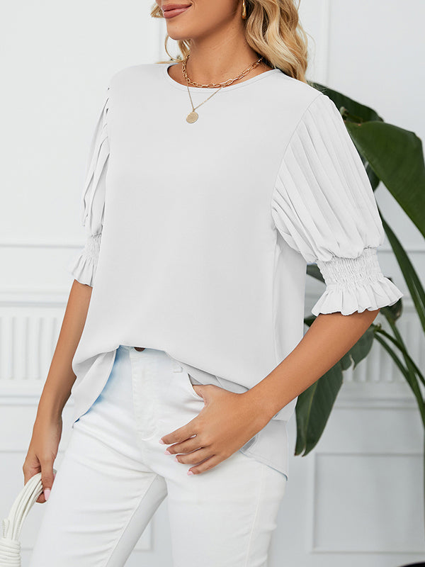 Loose Puff Sleeves Pleated Solid Color Round-Neck T-Shirts Tops