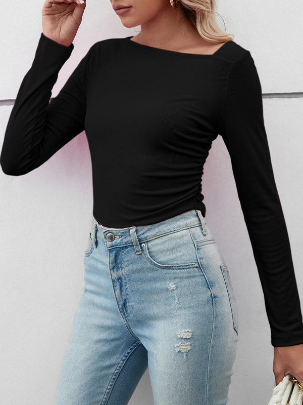 Long Sleeves Skinny Solid Color Asymmetric Collar T-Shirts Tops