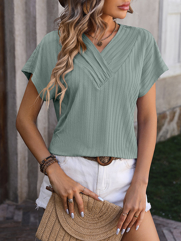 Loose Short Sleeves Jacquard Solid Color V-Neck T-Shirts Tops